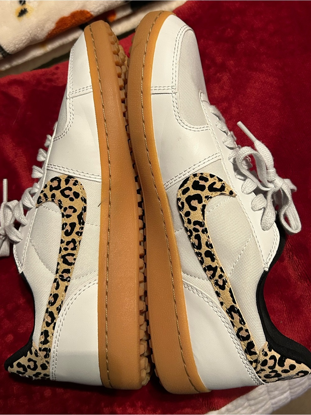 Nike Women’s White Sneakers with Leopard Swoosh and Gum Sole